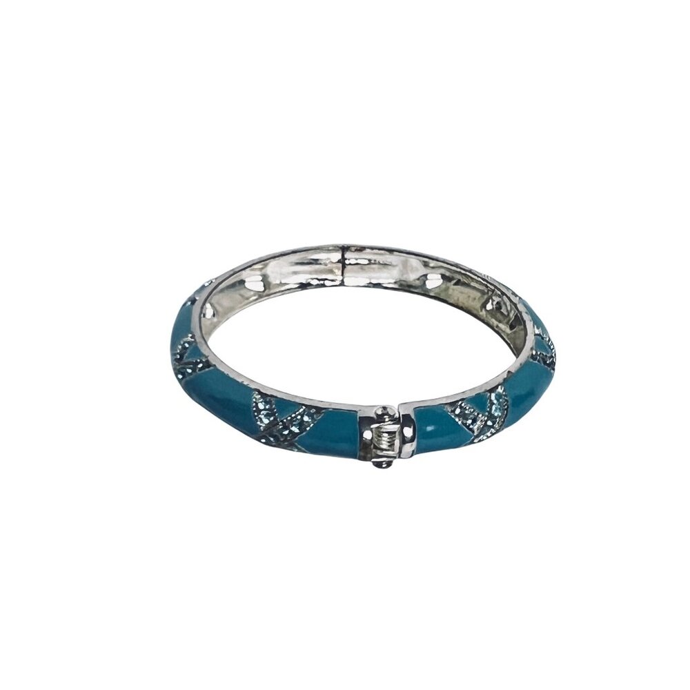 Silver Tone Blue Rhinestone And Blue Enamel Hinged Bangle Bracelet (6151) - Picture 2 of 3